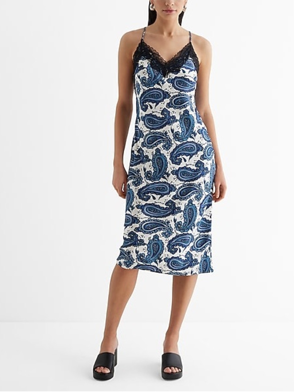 NWT Express Satin Printed Lace Trim V-neck Midi Downtown Cami Slip Dress